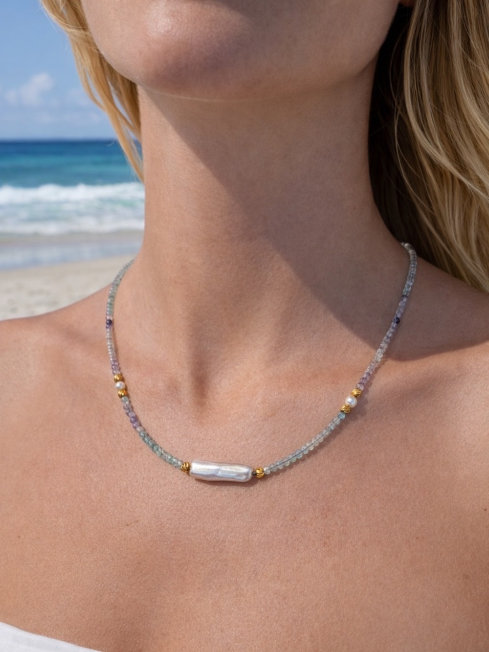 Rainbow Fluorite and Freshwater Pearl Gold Necklace #93